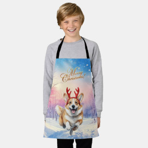 Christmas Corgi Reindeer antlers leaping in snow Apron