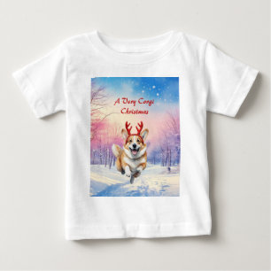 Christmas Corgi Reindeer antlers leaping in snow Baby T-Shirt