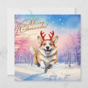 Christmas Corgi Reindeer antlers leaping in snow Holiday Card