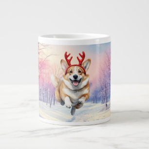 Christmas Corgi Reindeer antlers leaping in snow Large Coffee Mug