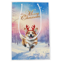 Christmas Corgi Reindeer antlers leaping in snow