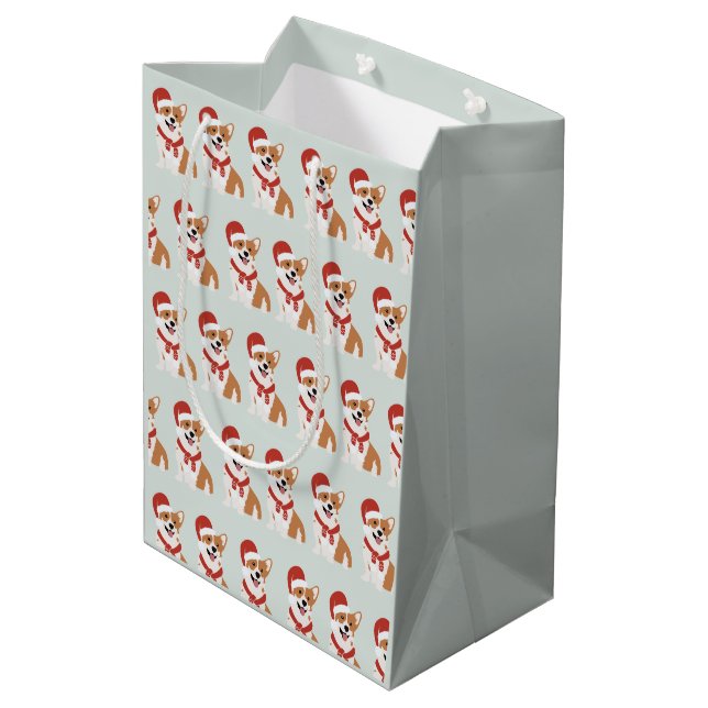 Christmas Corgi Santa Hat - Soft Eucalyptus Mist Medium Gift Bag (Back Angled)