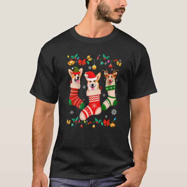 Christmas Corgi Sock Xmas Reindeer Santa ELF Dog   T-Shirt (Front)