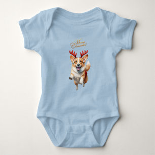 Christmas Corgi with Reindeer antlers Baby Bodysuit