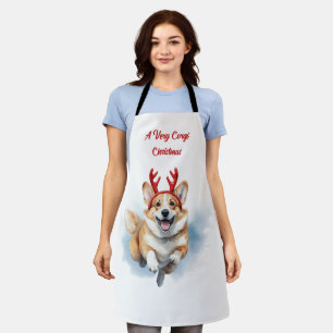 Christmas Corgi with Reindeer antlers leaping  Apron