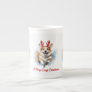 Christmas Corgi with Reindeer antlers leaping Bone China Mug