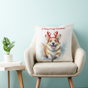 Christmas Corgi with Reindeer antlers leaping Cushion