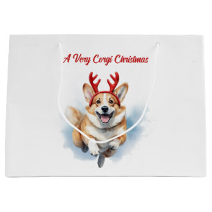 Christmas Corgi with Reindeer antlers leaping  Large Gift Bag