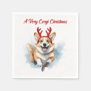 Christmas Corgi with Reindeer antlers leaping  Napkin