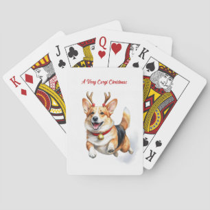 Christmas Corgi with Reindeer antlers leaping Playing Cards