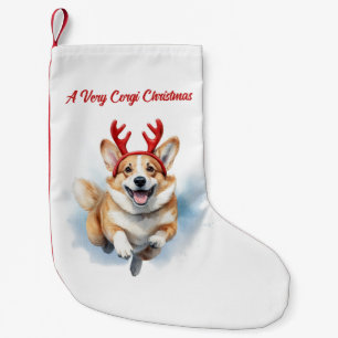 Christmas Corgi with Reindeer antlers leaping  Small Christmas Stocking