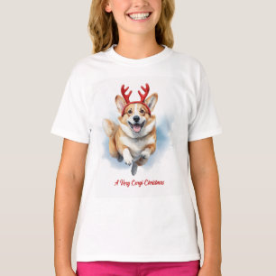 Christmas Corgi with Reindeer antlers leaping T-Shirt