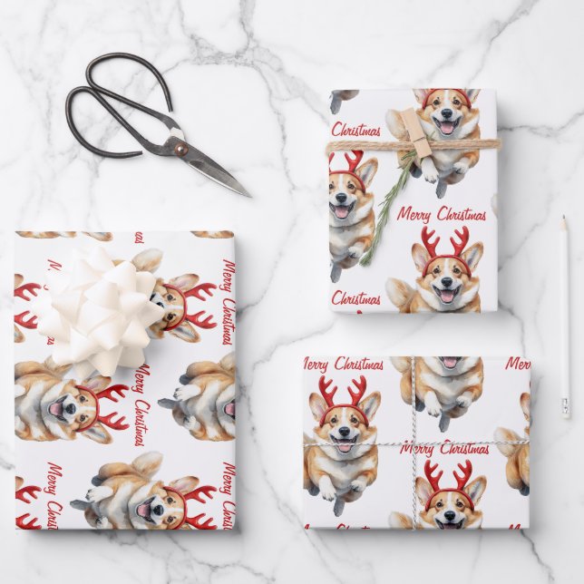 Christmas Corgi with Reindeer antlers  Wrapping Paper Sheet (Front)