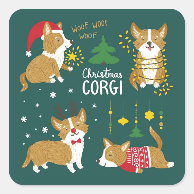 Christmas Corgi | Woof Woof Woof Square Sticker (Front)