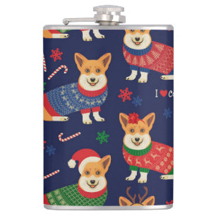 Christmas Corgis: Festive Vintage Illustration. Hip Flask