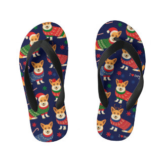 Christmas Corgis: Festive Vintage Illustration. Kid's Flip Flops