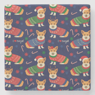 Christmas Corgis: Festive Vintage Illustration. Stone Coaster