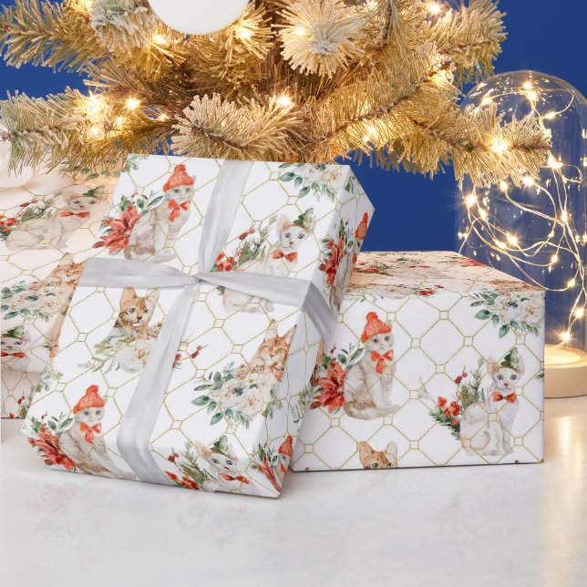 Christmas Cosy pattern with Cats & flowers  Wrapping Paper (Holidays)