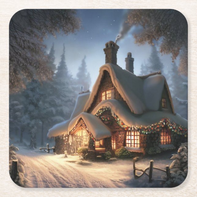 Christmas Cottage 5 Square Paper Coaster (Front)