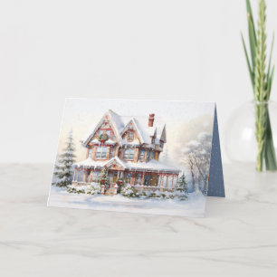 Christmas Cottage In Snowflakes Holiday Card