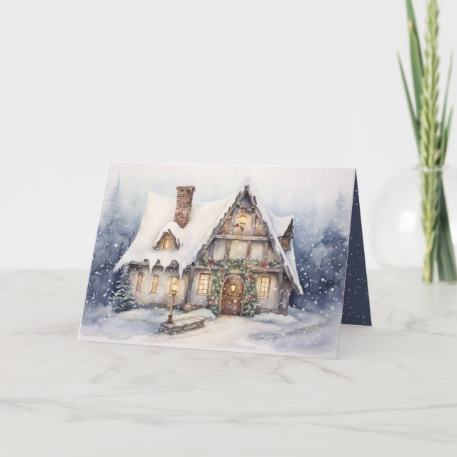 Christmas Cottage In Snowflakes Holiday Card (Front)