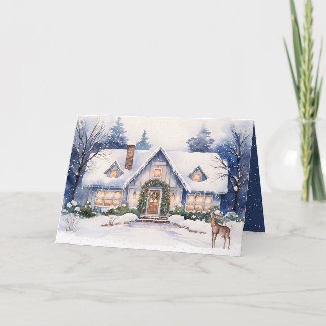 Christmas Cottage With Deer In Snowflakes Holiday Card (Front)