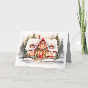 Christmas Cottage With Snowflakes Holiday Card