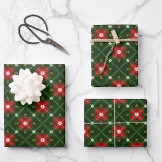 Christmas Cottagecore Plaid with Red Floral Cross Wrapping Paper Sheet