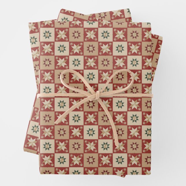 Christmas Country Star Quilt Blocks Wrapping Paper Sheet (In situ)