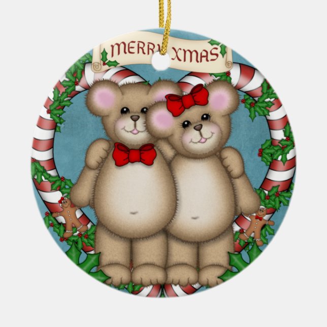 Christmas couple Bear Ceramic Tree Decoration (Front)