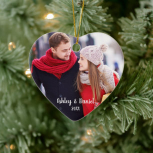 Christmas Couple Photo Red Heart Ceramic Tree Decoration