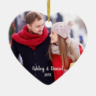 Christmas Couple Photo Red Heart Snowflake Back Ceramic Tree Decoration