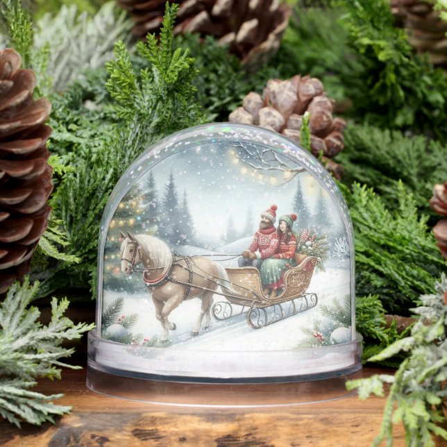  Christmas Couple Sleigh with Horse  Snowglobe (Winter)