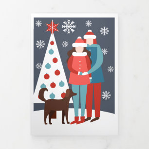 Christmas Couple With Dog And Tree Personalised Tri-Fold Holiday Card