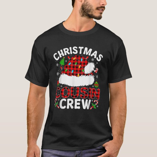 Christmas Cousin Crew Buffalo Plaid Santa Hat Xmas T-Shirt (Front)