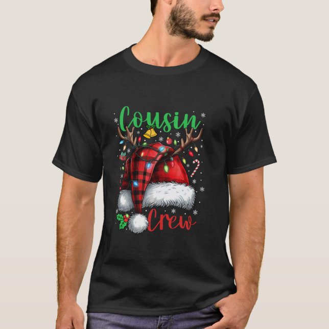 Christmas Cousin Crew Plaid Santa Hat Family Match T-Shirt (Front)