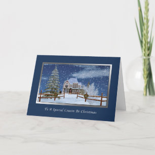 Christmas, Cousin, House in Snowy Winter Scene Holiday Card