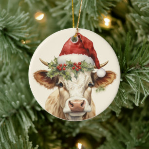 Christmas cow add text watercolor Ceramic Tree Decoration