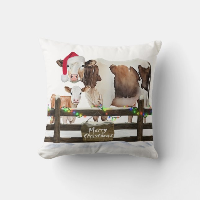 Christmas Cow and Calf In Snow Cushion (Front)