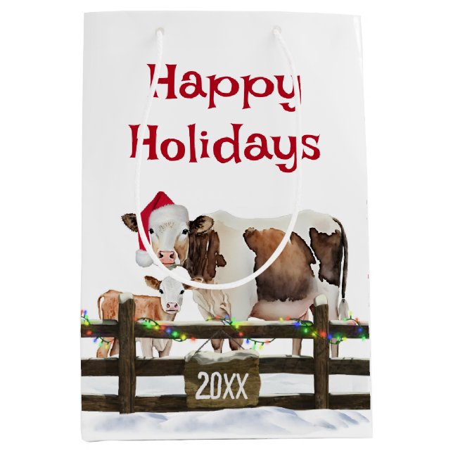 Christmas Cow and Calf In Snow Medium Gift Bag (Front)