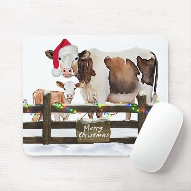 Christmas Cow and Calf In Snow Mouse Mat (With Mouse)