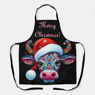 Christmas Cow Bull Santa Hat Mexican Seasonal Apron