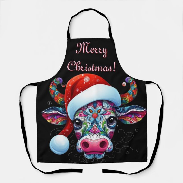 Christmas Cow Bull Santa Hat Mexican Seasonal Apron (Front)
