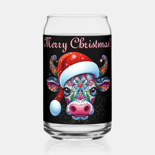 Christmas Cow Bull Santa Hat Mexican Seasonal Can Glass
