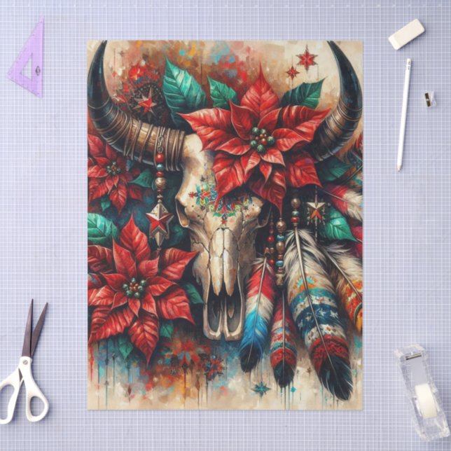 Christmas Cow Bull Skull Poinsettias Decoupage Tissue Paper (Craft)