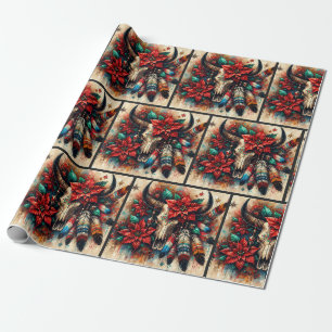 Christmas Cow Bull Skull Poinsettias Decoupage Wrapping Paper