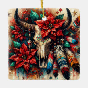 Christmas Cow Bull Skull Poinsettias Feathers Ceramic Ornament