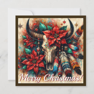 Christmas Cow Bull Skull Poinsettias Feathers Holiday Card