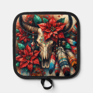 Christmas Cow Bull Skull Poinsettias Feathers Pot Holder