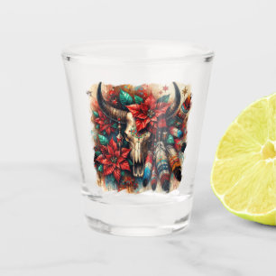 Christmas Cow Bull Skull Poinsettias Feathers Shot Glass